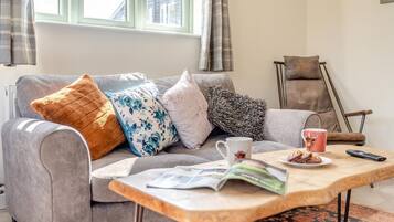 A living room with a grey sofa, multiple cushions, a coffee table with a magazine, a mug, and a remote control.