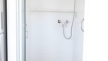 Shower, towels, soap, toilet paper