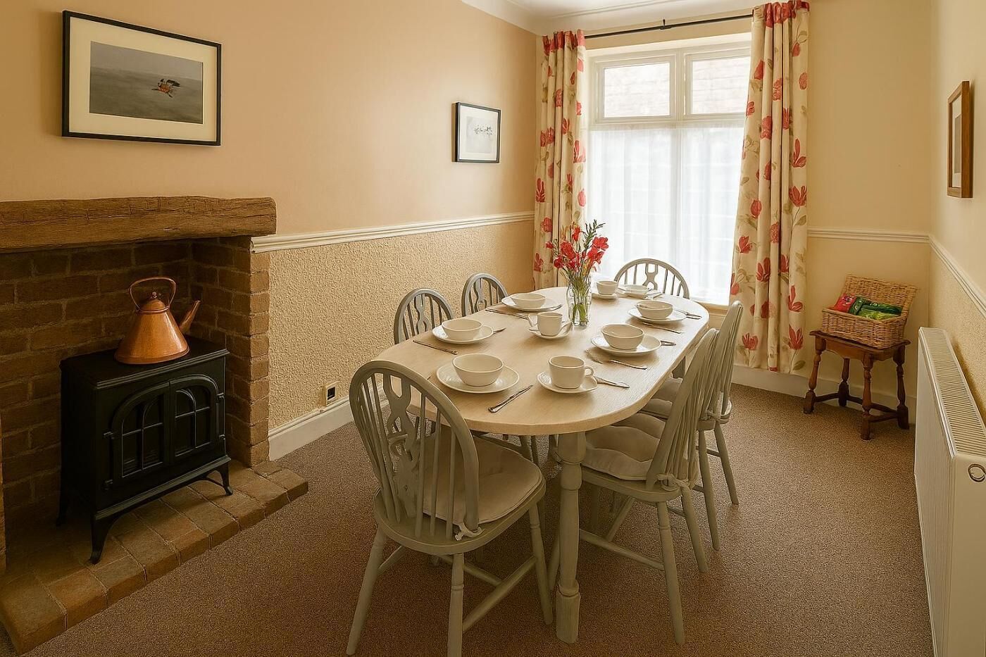 Un comedor con una mesa de madera dispuesta para cuatro personas, rodeada de sillas blancas, una chimenea y una ventana con cortinas florales.