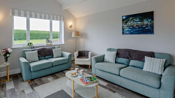 Un salon avec deux canapés, une table basse, une lampe et un tableau au mur.