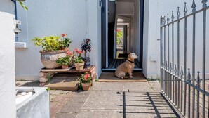 Un perro sentado en un porche con macetas y una reja de metal.