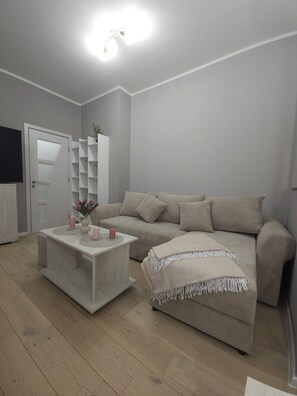 A modern living room with a sofa, a coffee table, and a bookshelf.