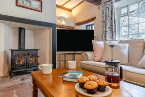 A cozy living room with a fireplace, a television, a sofa, and a table with muffins and a book. - 4 Bed in Bassenthwaite (oc-m40272) (Wythop)
