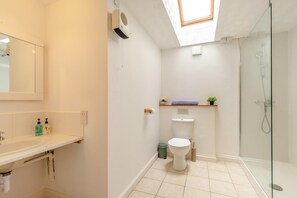 A bathroom with a skylight, a toilet, a shower, and a sink.
