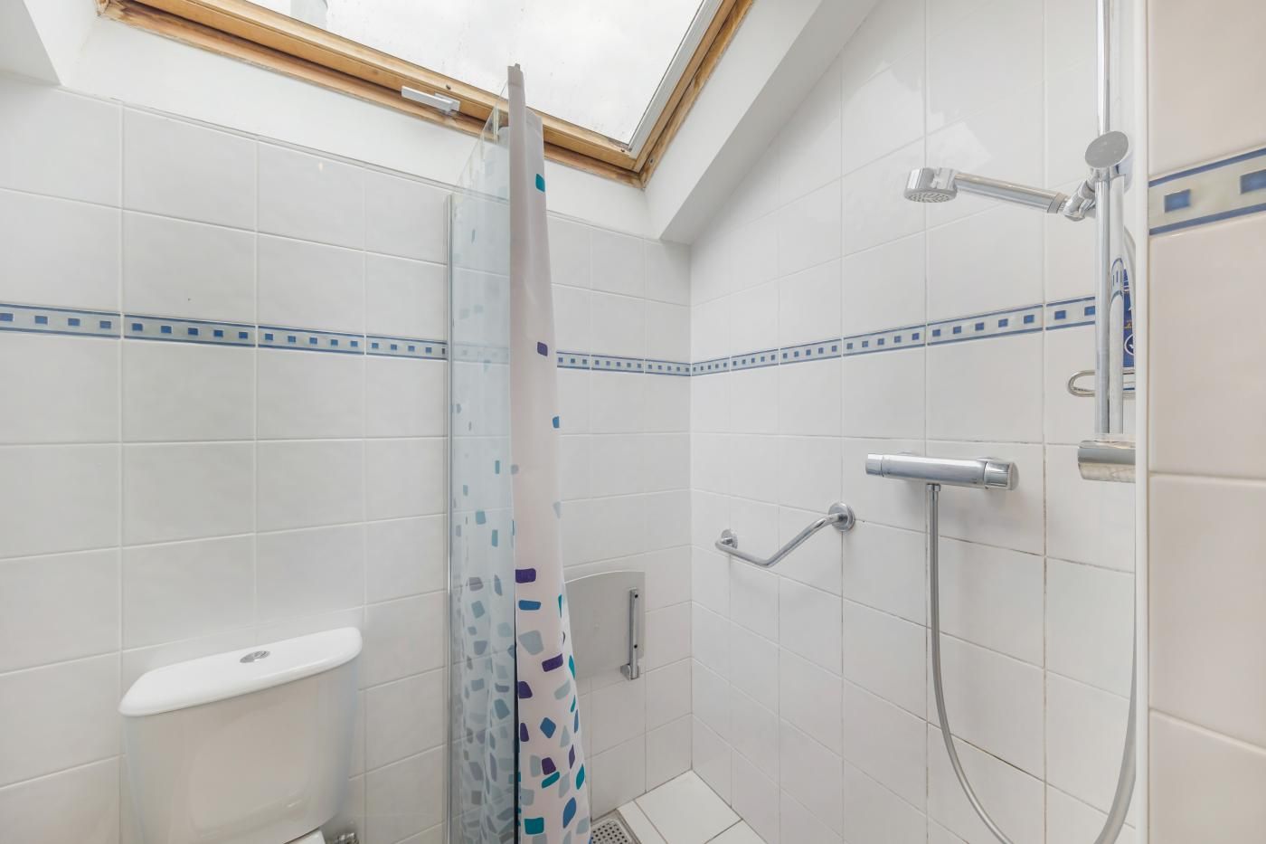 Ducha con puerta de vidrio, barandilla y cabezal de ducha.