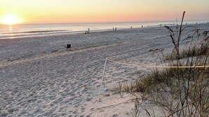 En strand med ett volleybollnät, sand och gles vegetation.
