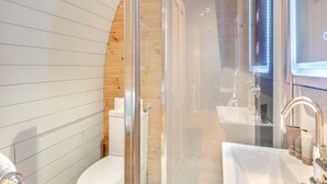 A bathroom with a toilet, a glass shower enclosure, and a sink with a mirror.