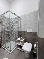 A modern bathroom with a glass-enclosed shower, a toilet, and a small shelf with toiletries.