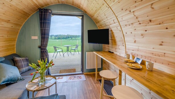 Een gezellig interieur met een gebogen houten plafond, een zithoek met een bank en stoelen, een kleine tafel met een bloevas, een aan de muur bevestigde televisie, en uitzicht op een groen veld door een glazen deur.