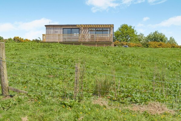 Eine Holzhütte mit Balkon, umgeben von einer Wiese und einem Zaun.