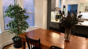 Un coin repas avec une table en bois, des chaises, une plante en pot et une cuisine en arrière-plan.