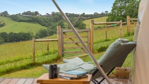 Eine Holzterrasse mit Tisch und Stuhl, mit Blick auf ein grünes Feld und ein Holztor.