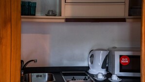 Une petite cuisine équipée comprenant un évier en acier inoxydable, une machine à café, un four à micro-ondes et un petit meuble contenant de la vaisselle.