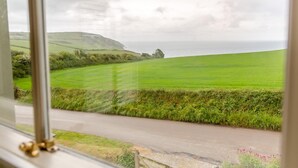 Une vue à travers une fenêtre sur un paysage rural, avec une route, des champs verdoyants et des collines.