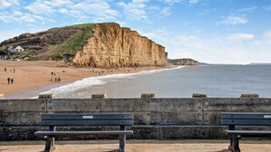 Une vue sur la côte, avec une falaise, une plage et des bancs.