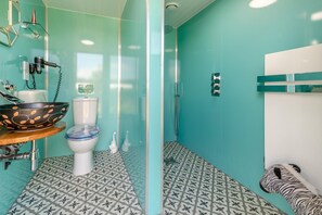 A bathroom with a toilet, a sink with a bowl, a shower, and a zebra decoration.