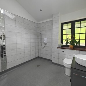 A modern bathroom with a shower, toilet, and sink.