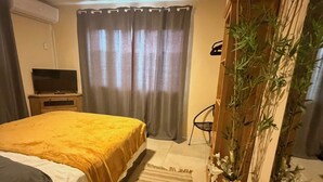 Ett hotellrum med en säng, en tv, en gardin, en växt och ett litet bord.