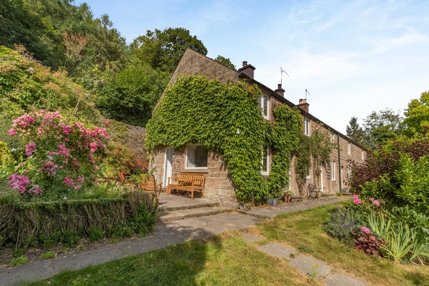A stone house with ivy covering the walls, a wooden bench outside, and a garden with various plants and flowers.
