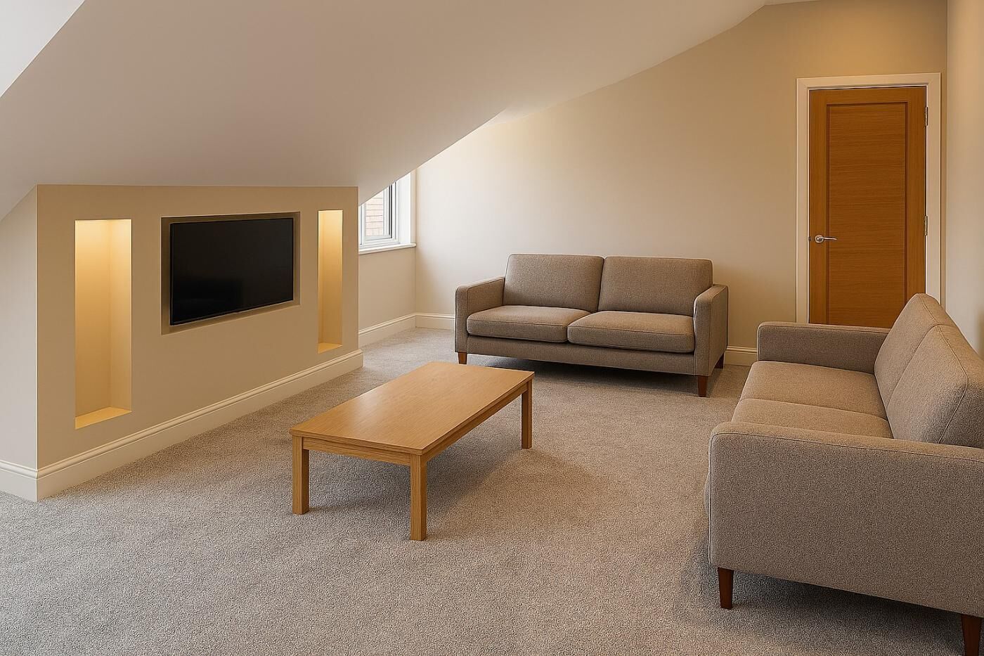 A living room with a sofa, a coffee table, and a TV mounted on the wall.