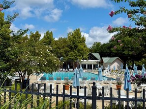 A pool area with lounge chairs and umbrellas, surrounded by trees and a building with a green roof. - Pond View Bear Trap Home- 4BR 3.5BA - Screened Porch - Near Bethany Beach & Golf (Ocean View)