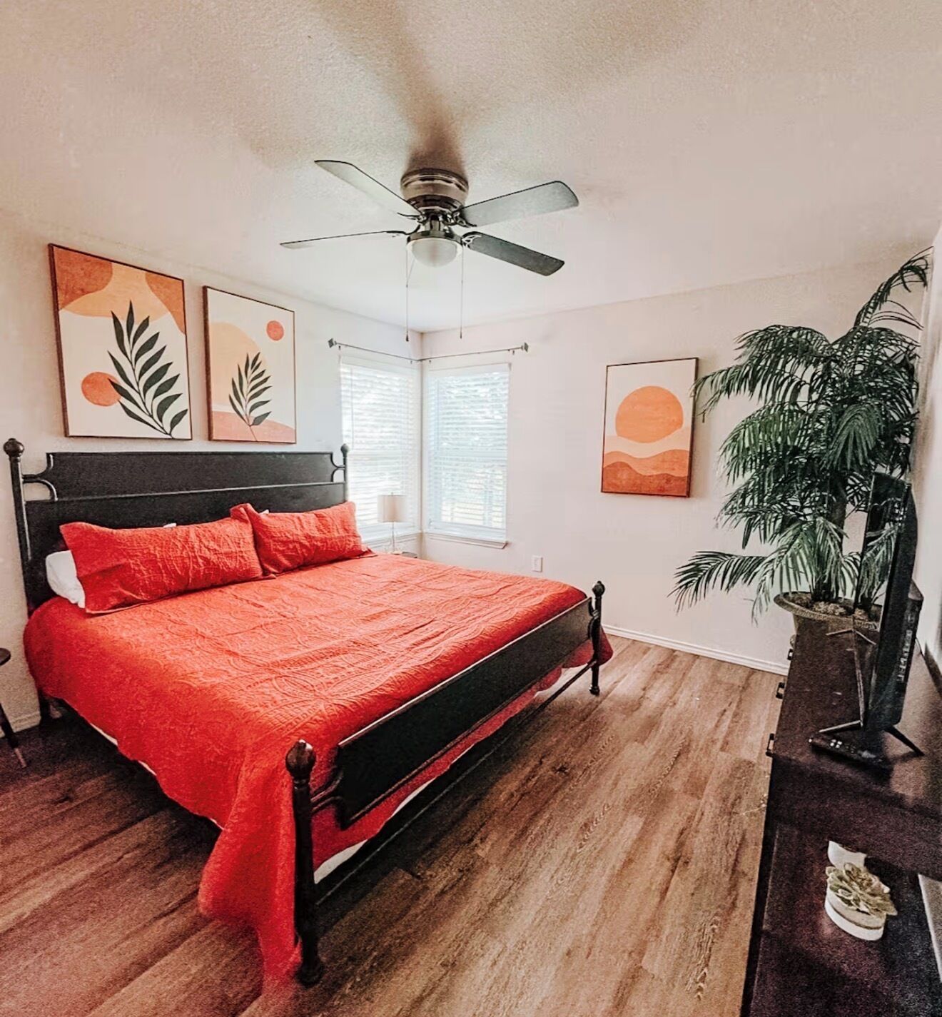 A bedroom with a bed, a ceiling fan, a window, and a plant.
