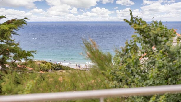 Eine Küstenansicht mit Strand, Meer und viel Grün.