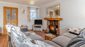 Ein gemütliches Wohnzimmer mit Kamin, Sofa, Fernseher und einer Holztür.