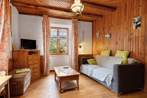 A cozy room with a wooden ceiling, a sofa with green cushions, a television on a wooden cabinet, and a window with curtains. - Gîte les hambostures (Lapoutroie)