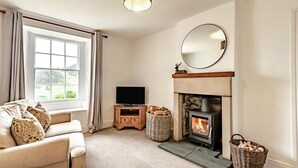 Ein Wohnzimmer mit einer Couch, einem Fernseher, einem Kamin und einem großen Fenster.