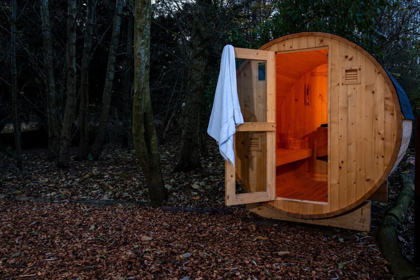 A wooden sauna structure with an open door, surrounded by trees.