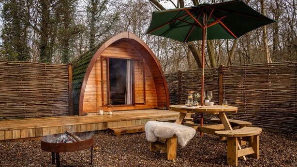 Une cabane en bois chaleureuse, avec une cheminée, une table et des chaises, et un grand parasol.