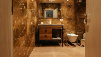 Hair dryer, towels, soap, shampoo