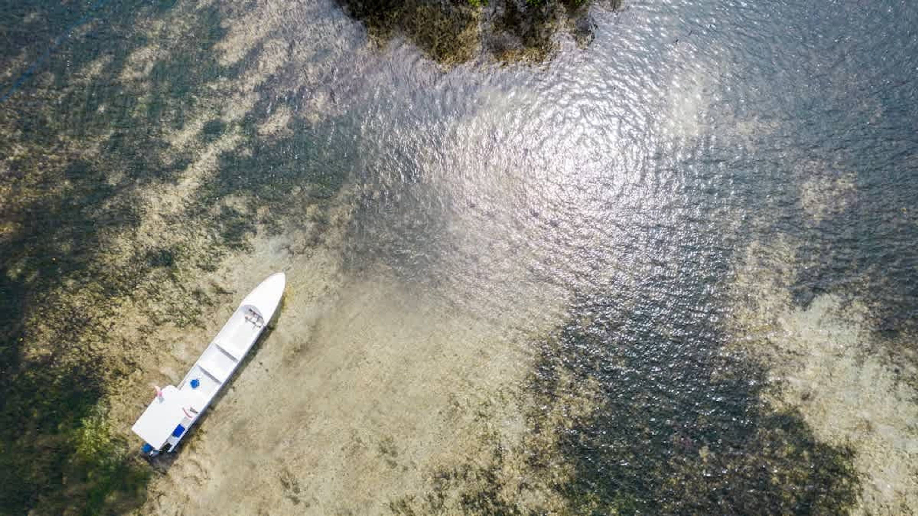 Une vue aérienne d’un bateau sur une plage de sable fin, avec une eau cristalline, le tout entouré de verdure.