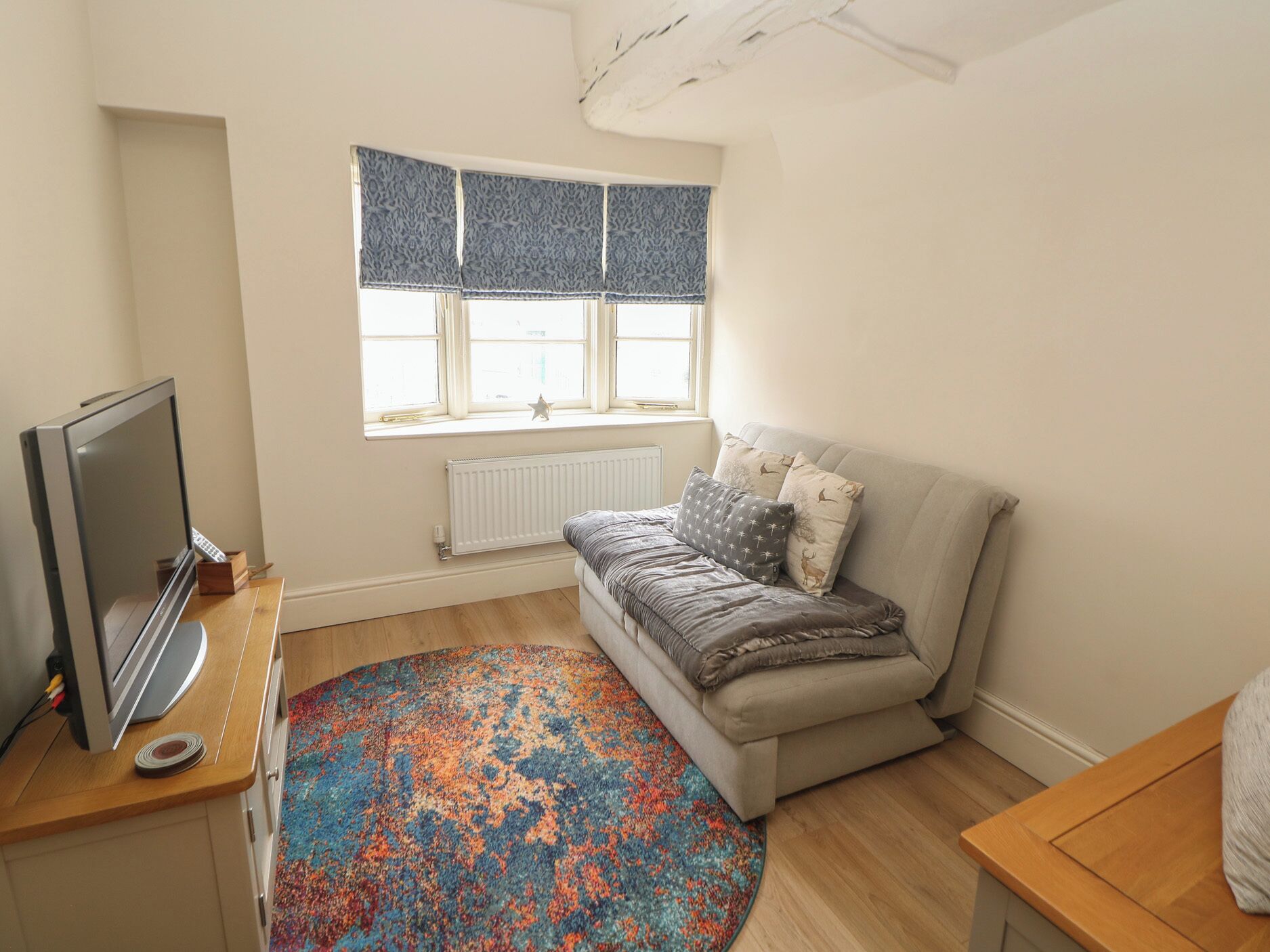 Una habitación con un sofá gris, un televisor sobre un mueble de madera, un tapete colorido y una ventana con cortinas estampadas.