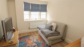 Una habitación con un sofá gris, un televisor sobre un mueble de madera, un tapete colorido y una ventana con cortinas estampadas.