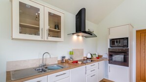 Una cucina compatta con lavello, pensili, forno a microonde e forno.