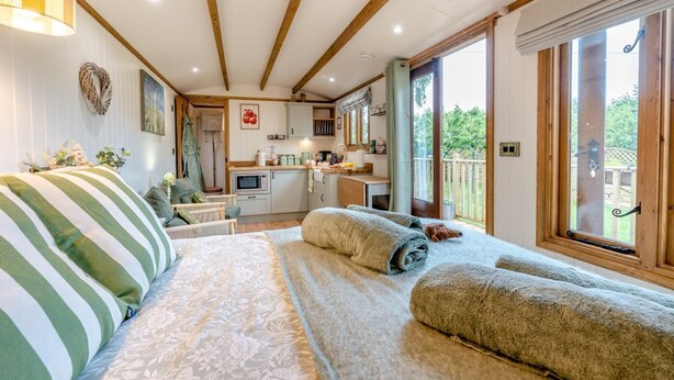 A cozy room with a bed, a small kitchenette, and a view of the garden. - 1 Bed in Broxburn (oc-t44711) (Broxburn)