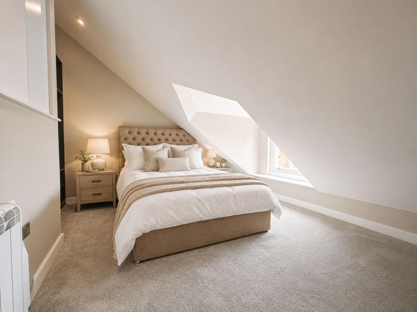 Une chambre avec un plafond en pente, un lit doté d’une tête de lit beige, des tables de chevet avec des lampes et une fenêtre laissant entrer la lumière naturelle.