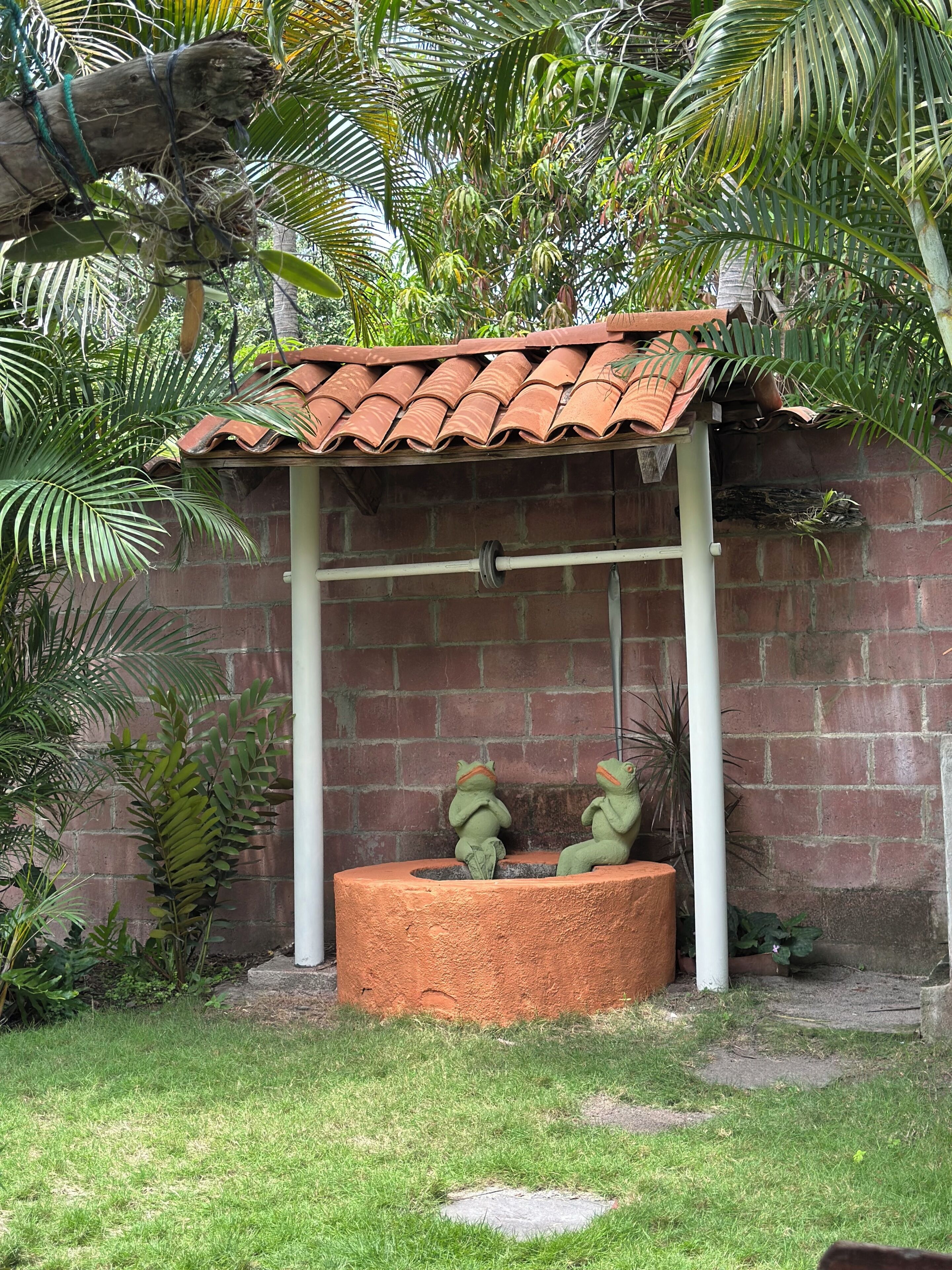 A garden with a brick wall, a tiled roof structure, and two frog statues.