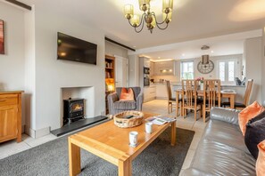 Ein modernes Wohnzimmer mit Kamin, Fernseher, Essbereich und Küche.