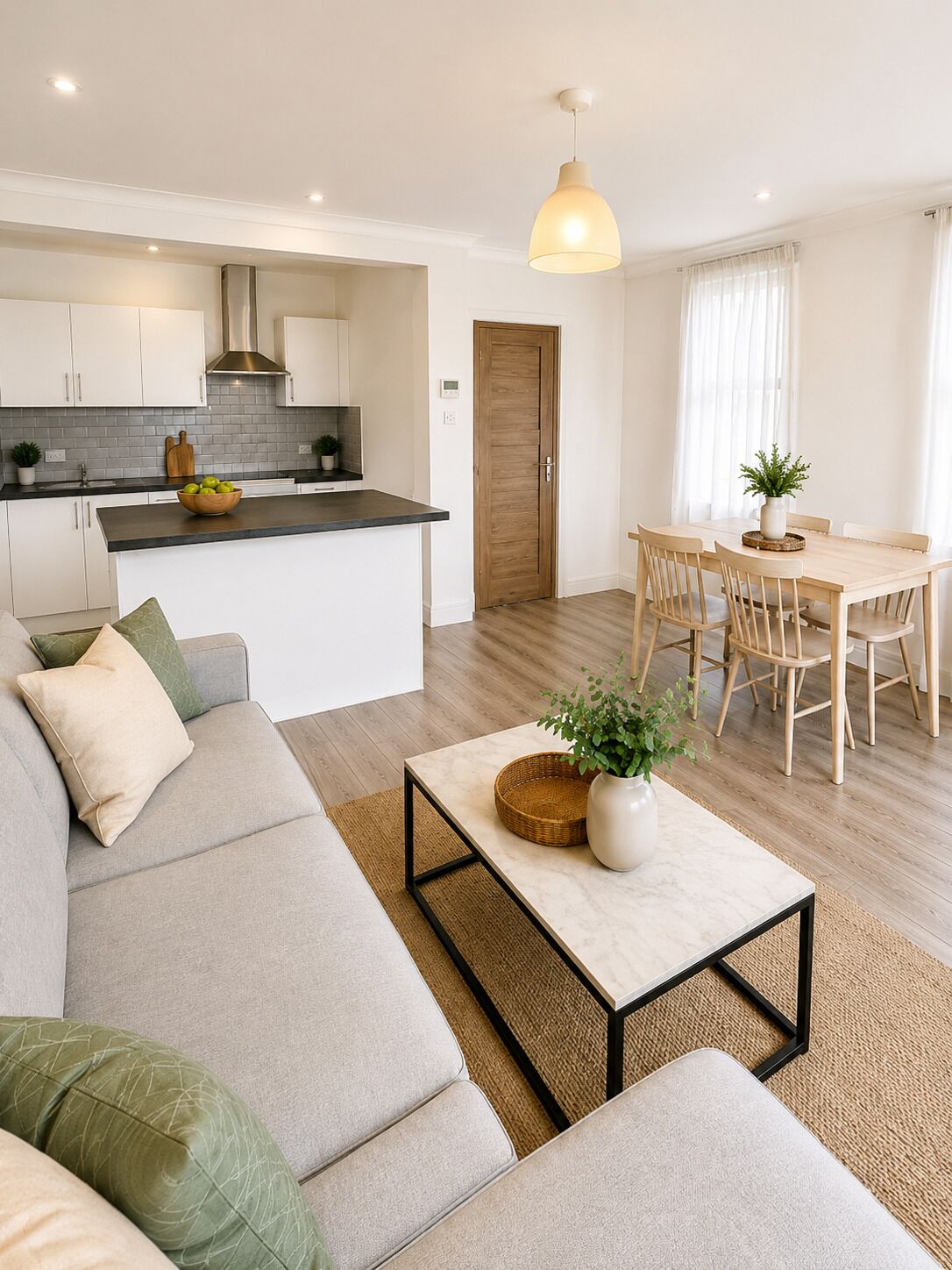 A modern living room with a sofa, a coffee table, and a dining area with a table and chairs.