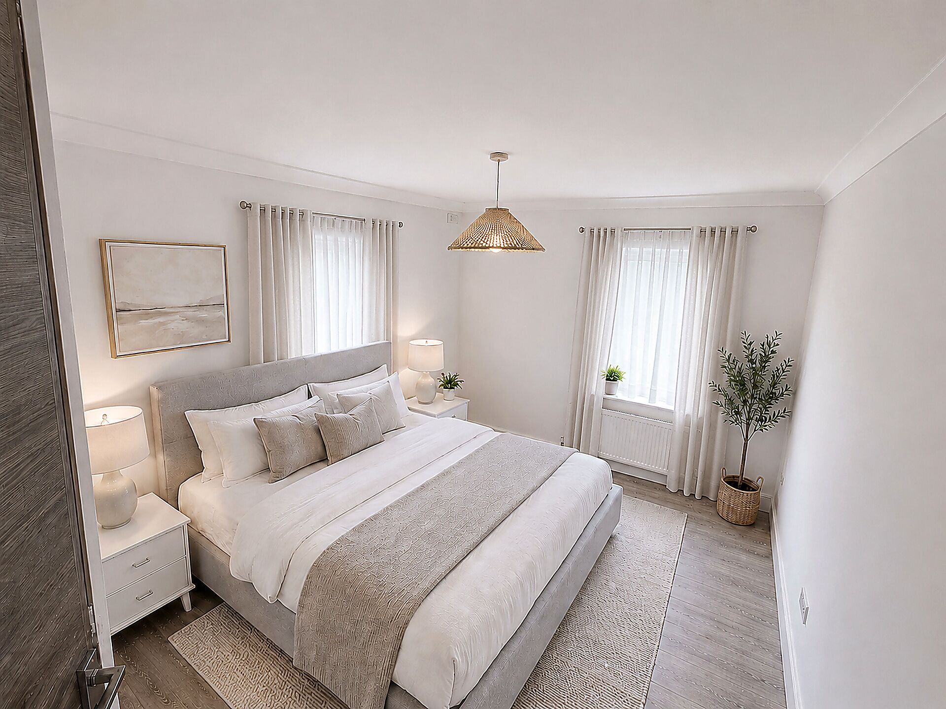 A neatly arranged bedroom with a bed, bedside tables, a hanging light fixture, and a window with curtains.