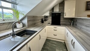 Una cocina moderna con horno empotrado, lavamanos y ventana con planta.