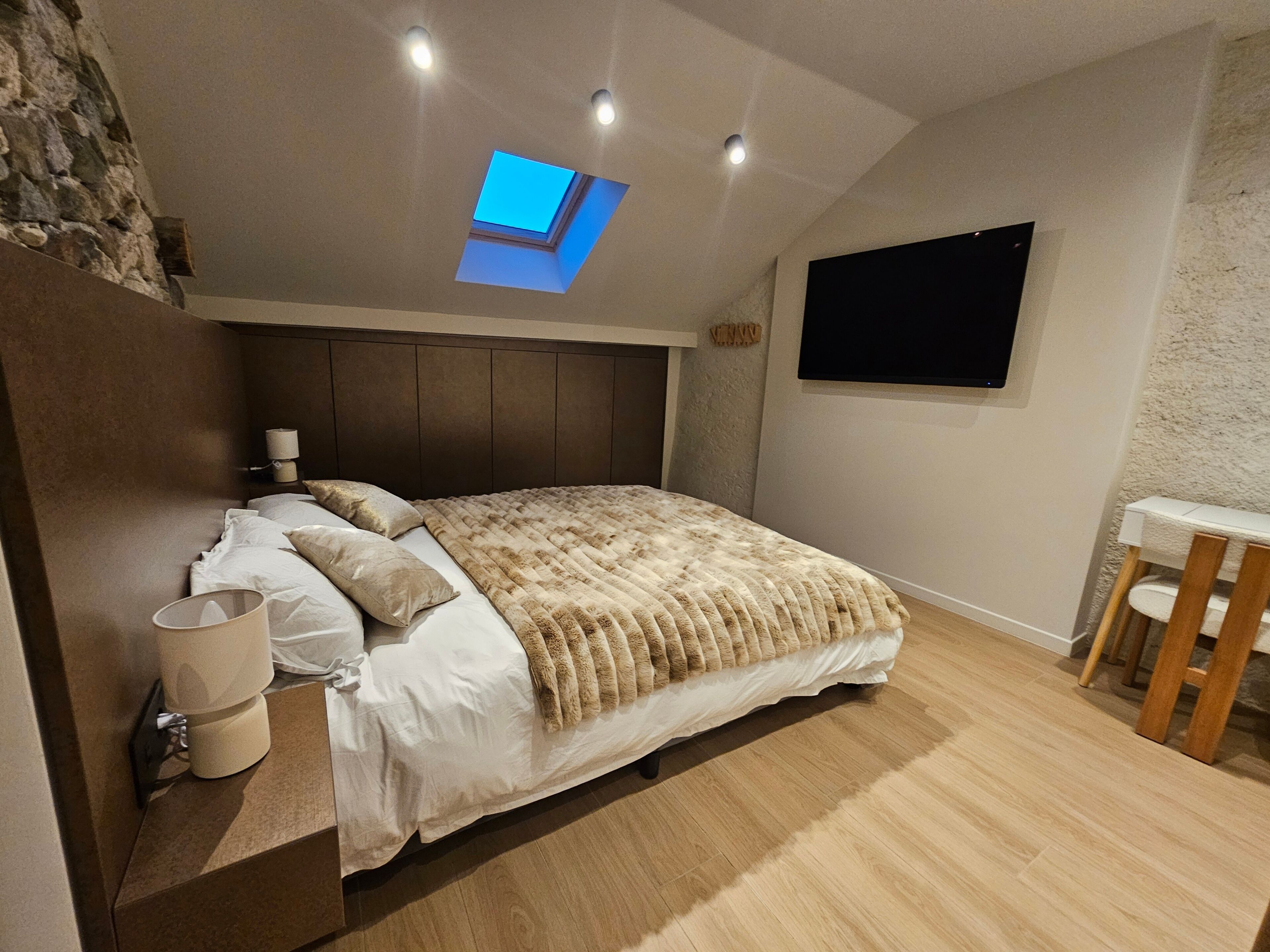 Un dormitorio con cama, mesita de noche, lámpara, televisor y tragaluz.