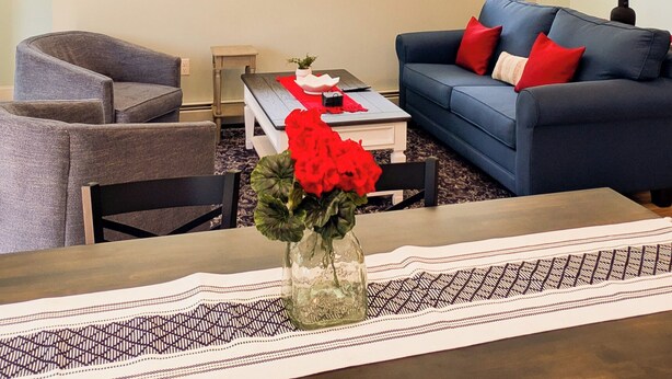 Una sala de estar con un sofá azul, un sillón gris, una mesa de centro y un jarrón con flores rojas.