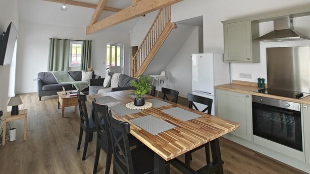 Amplia sala de estar con una mesa de comedor, sillas, un sofá y una cocina equipada con electrodomésticos modernos.