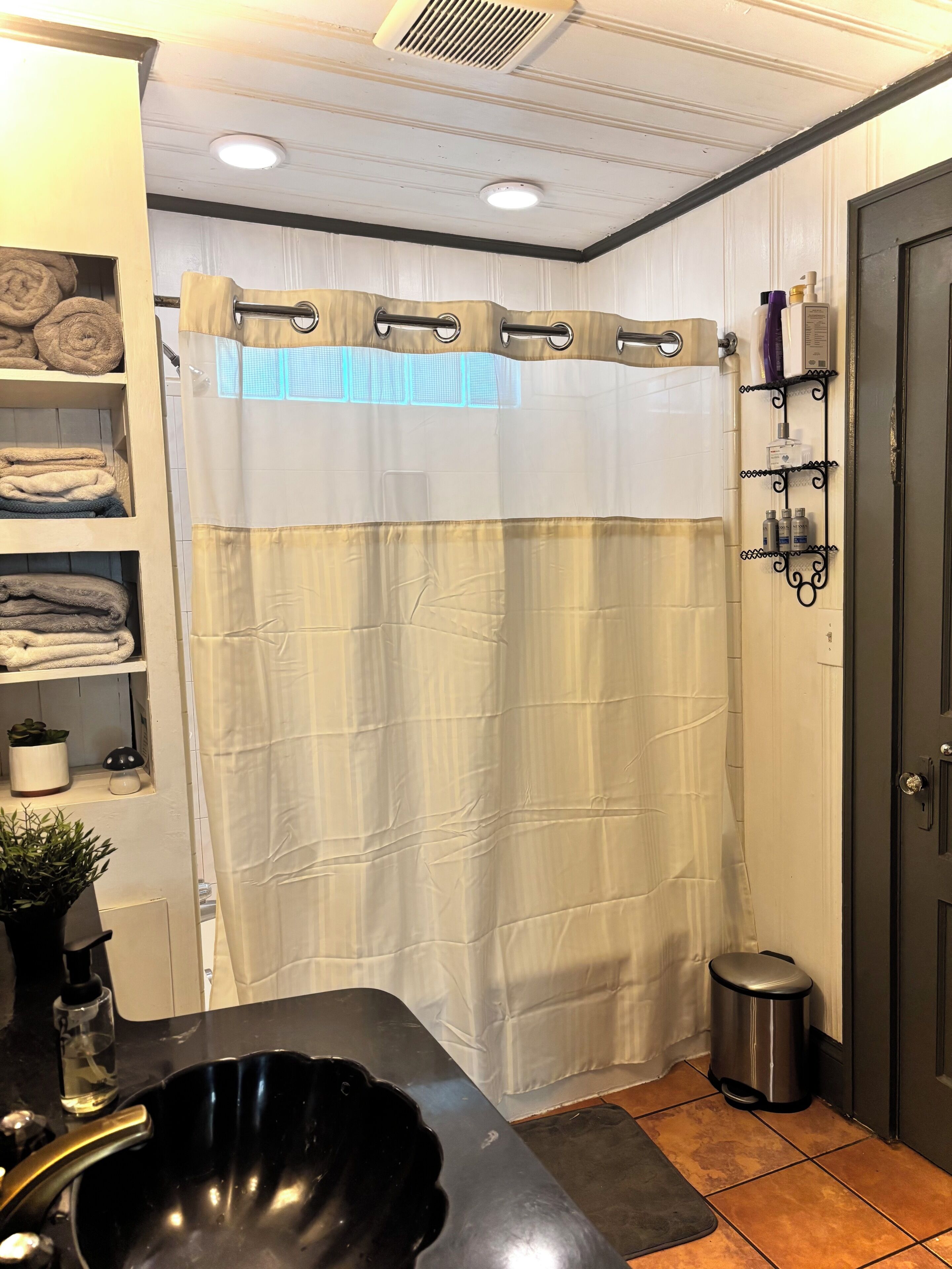 Hair dryer, towels, soap, shampoo