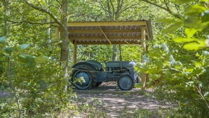 Un tractor antiguo estacionado bajo un cobertizo de madera en un área boscosa.