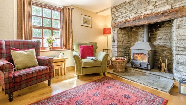 A cozy living room with a stone fireplace, plaid furniture, and a rug. - 4 Bed in Newchurch (oc-bow333) (Newchurch)